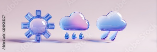 3D Rendered Weather Icons - Sun, Rain Cloud, and Snow Cloud on a Light Background.
