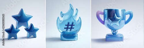 Three blue symbolic objects - stars, hashtag, and trophy, representing success and trending topics.