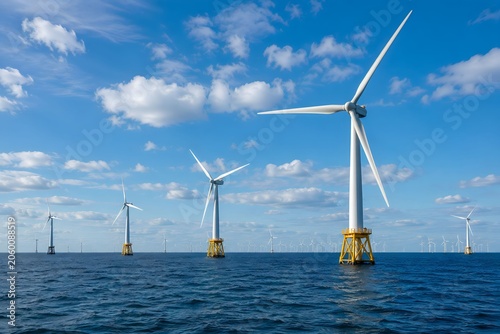 Offshore Wind Turbine Farm Generating Clean Renewable Electricity in Open Ocean