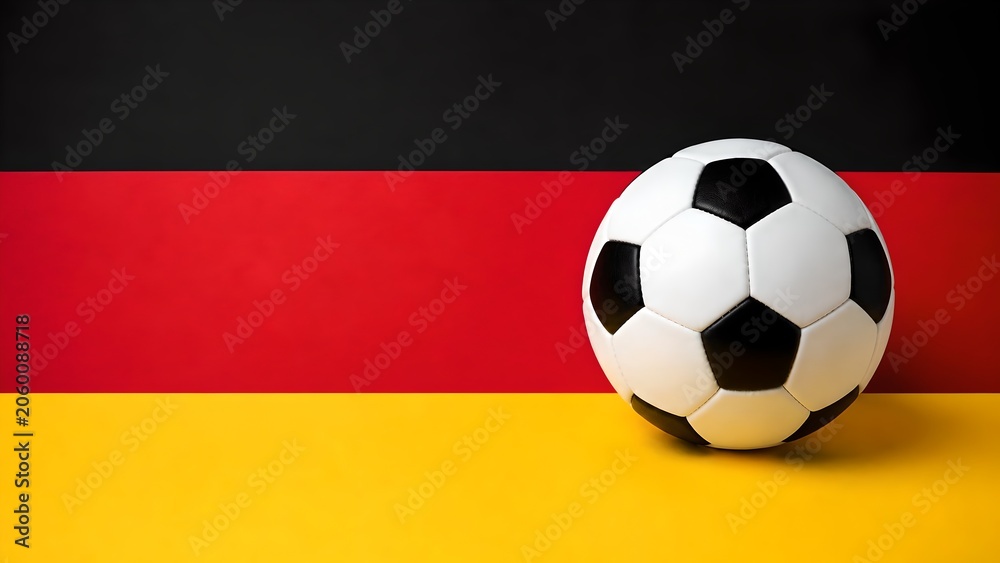 Naklejka premium Professional black and white soccer ball placed neatly against the vibrant background of the official horizontal German national flag