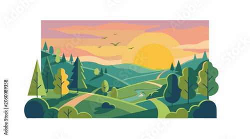 A serene landscape with rolling hills, trees, and a sunset