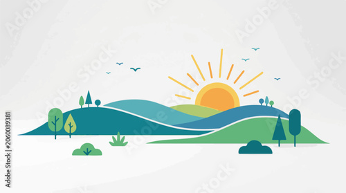 A serene landscape with rolling hills, trees, and a rising sun