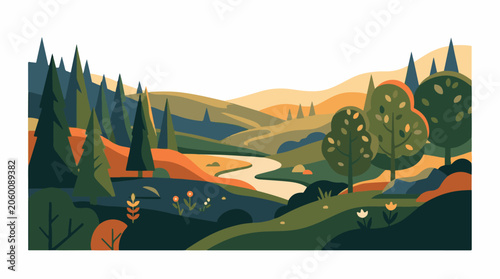 A serene landscape with rolling hills, trees, and a winding river (1)