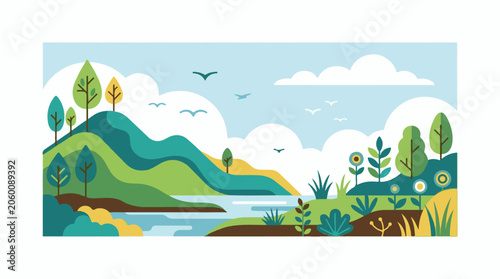 A serene landscape with rolling hills, trees, and a body of water under a cloudy sky