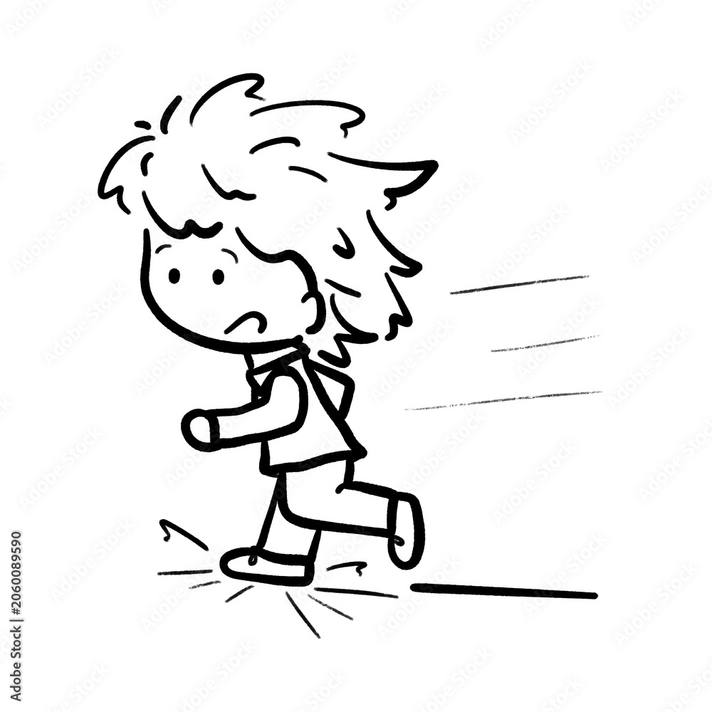 Fototapeta premium Boy running with a shock face cartoon outline illustration