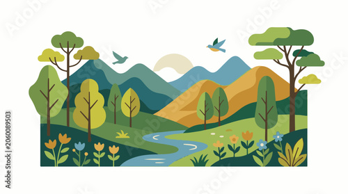 A serene landscape with rolling hills, a winding river, trees, flowers, and birds