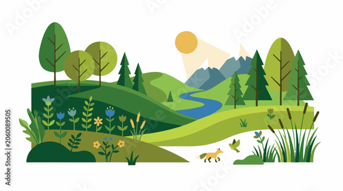 A serene landscape with rolling hills, a winding river, trees, flowers, a fox, and a bird