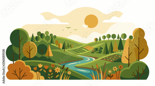 A serene landscape with rolling hills, a winding river, and trees