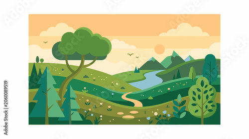 A serene landscape with rolling hills, a winding river, and lush greenery under a sunset sky