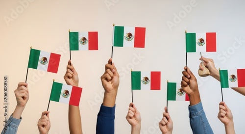 Diverse group of people holding small mexican flags