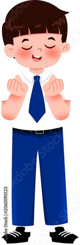 Cute Cartoon Schoolboy Character Standing with Hands Together