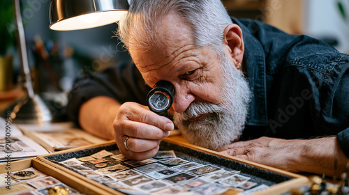 Philatelist holds a nineteenth century penny black stamp to a loupe under a desk lamp, cataloguing tray of rare finds spread across a felt-lined workspace, reference auction guides open beside the f