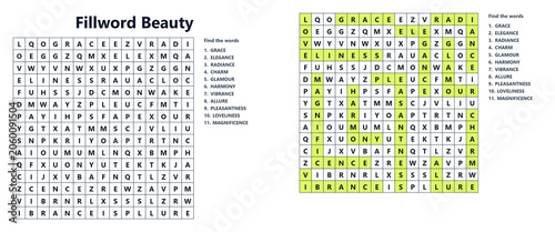 Word search puzzle featuring beauty-related words in an engaging layout