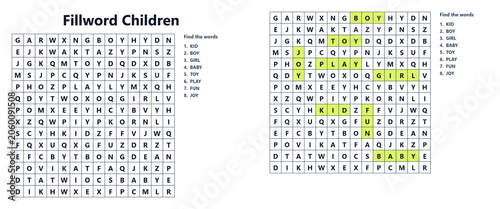 Children's word search puzzle featuring kids, joy, and play