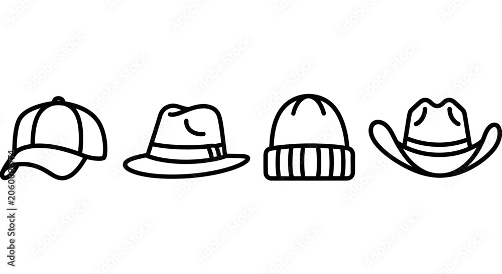 Fototapeta premium Four different hat designs illustrated in black and white line art