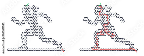 Running figure in a maze, dynamic motion with a challenging labyrinth background