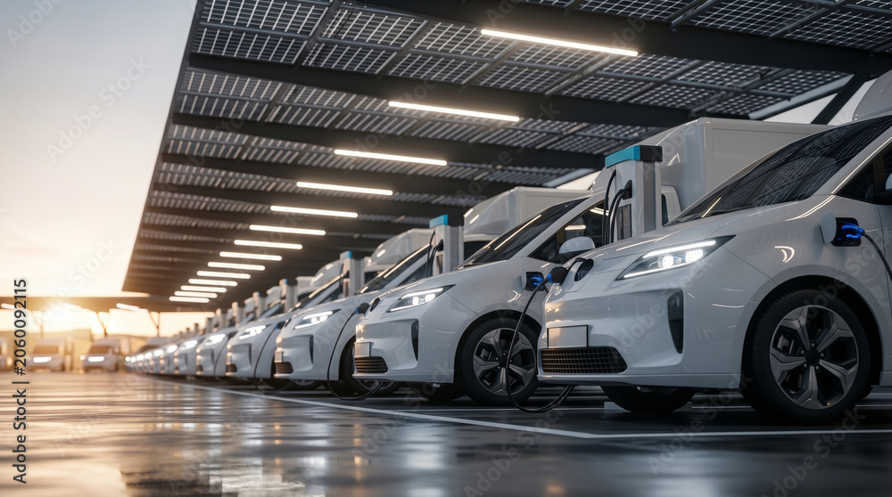 Fototapeta premium Charging station with electric vans beneath a solar canopy, representing renewable energy use, sustainable logistics, and modern infrastructure for eco‑friendly fleet transportation solutions