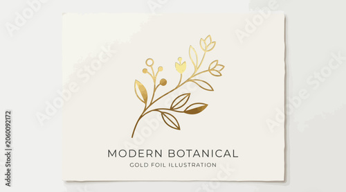 Konstfotografi Modern botanical gold foil illustration, elegant floral branch logo element
