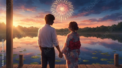 Couple watching fireworks on a dock by a serene lake at sunset