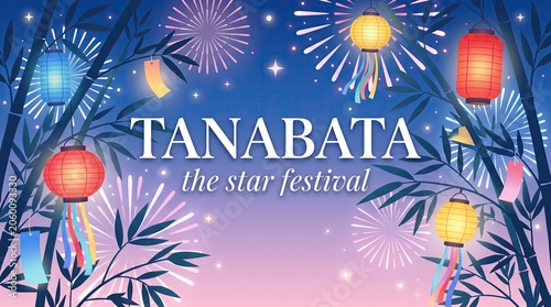 Vibrant tanabata festival illustration with lanterns and fireworks at night