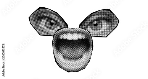 Halftone Dot Collage of Eyes and Open Mouth, Transparent Background