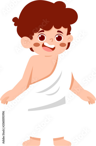 Happy Cartoon Boy with Arms Crossed Wearing Ihram Clothing for Hajj or Umrah