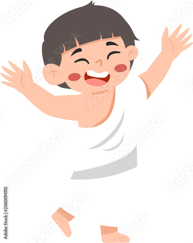 Joyful Muslim Boy in Ihram Clothing Celebrating Hajj Pilgrimage