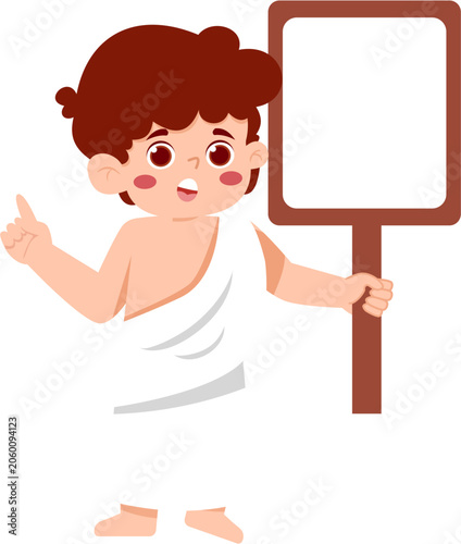 Happy Boy in Ihram Holding Blank Signboard for Hajj or Umrah