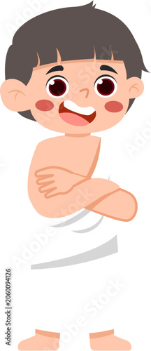 Happy Cartoon Boy with Arms Crossed Wearing Ihram Clothing for Hajj or Umrah
