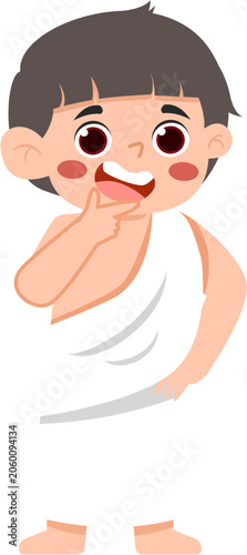 Happy Cartoon Boy with Arms Crossed Wearing Ihram Clothing for Hajj or Umrah