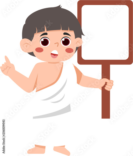 Happy Cartoon Boy with Arms Crossed Wearing Ihram Clothing for Hajj or Umrah