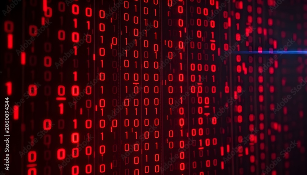 Fototapeta premium Digital code flows rapidly across a dark screen with red binary numbers.