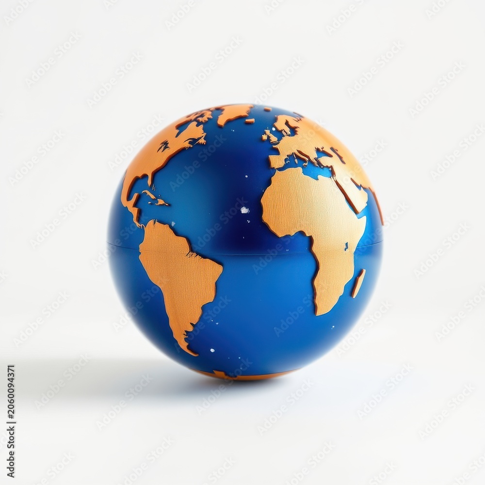 Fototapeta premium Globe depicts continents, oceans. Blue contrasts with golden landmasses. Simple design, clean background, studio lighting present.