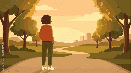 A person stands on a winding path in a park looking towards a city