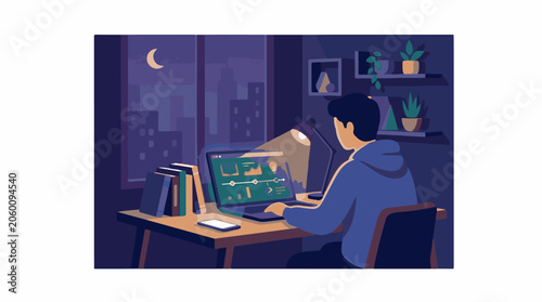 A person studies at a desk by a window at night with a city view