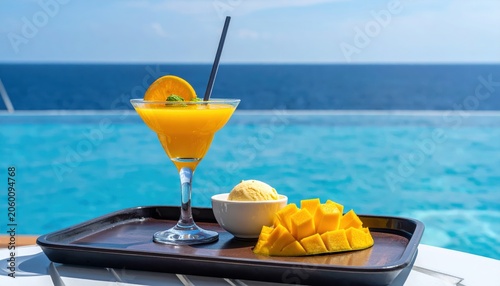 Refreshing tropical cocktail with fruit and ice by the beach and pool on a summer vacation day