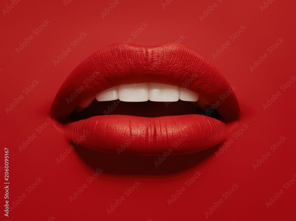 Fototapeta premium Close-up of hyper-realistic red lips with white teeth against a solid red background