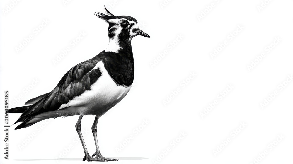 Obraz premium Elegant Black and White Portrait of a Lapwing Bird on White Background