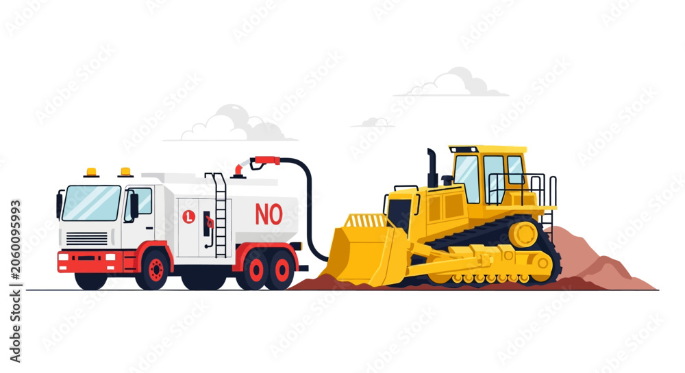 Fototapeta premium Vector illustration of a fuel tanker truck refueling a yellow bulldozer at a construction site. Concept of industrial logistics, heavy machinery maintenance, and energy supply.