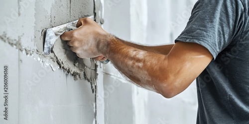 Construction worker applying plaster to drywall seams with a trowel for smooth finish