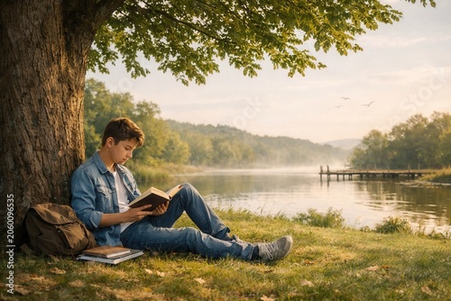 Teen student reading book under large tree beside peaceful lake in natural study environment