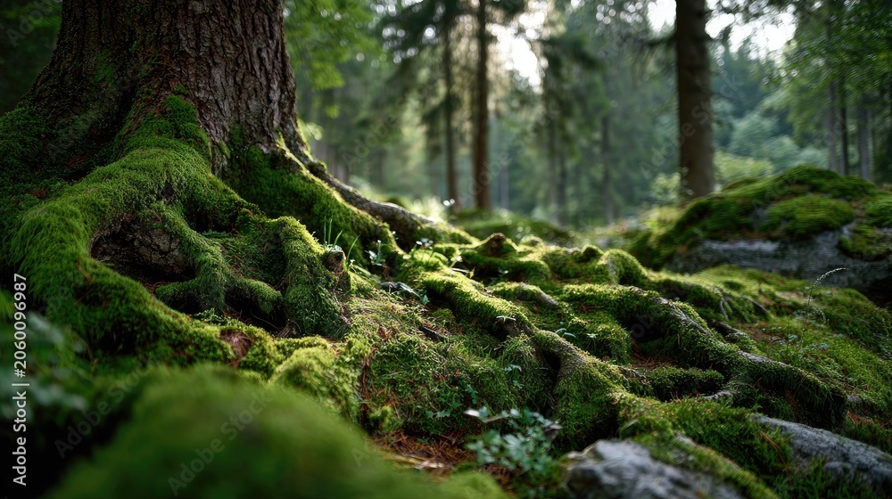 Fototapeta premium Lush Green Moss Covered Tree Roots in a Tranquil Forest Setting During Early Morning Light