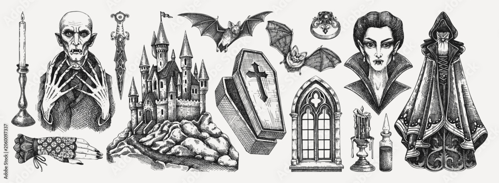 Obraz premium Victorian vampire character sketches set. Halloween hand drawn vector illustrations. Gothic design elements. NOT AI generated