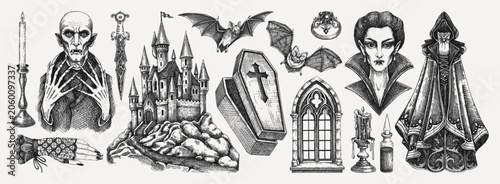 Fotografie Victorian vampire character sketches set
