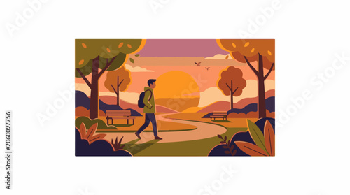 A person walks on a winding path in a park at sunset