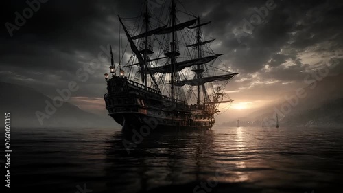 Europe medieval lifestyle. A dramatic, atmospheric portrayal of a pirate ship sailing on calm waters at sunset. The ship, adorned with numerous masts and rigging, is the main subject.