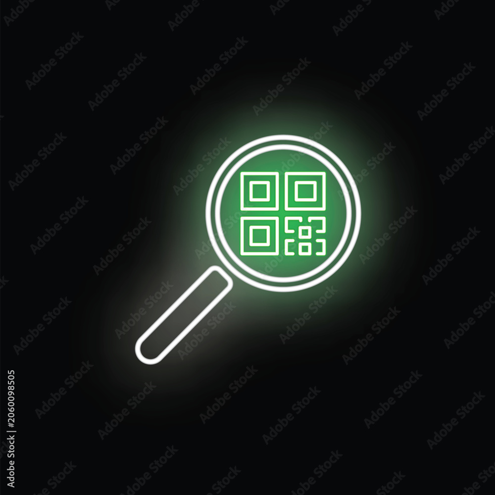 Obraz premium Neon magnifying glass searching a green qr code on black background