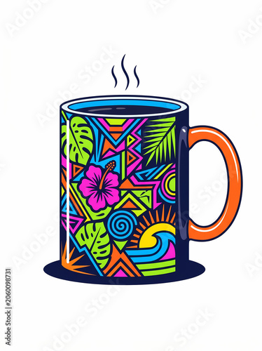 Tropical neon pattern coffee mug vector illustration