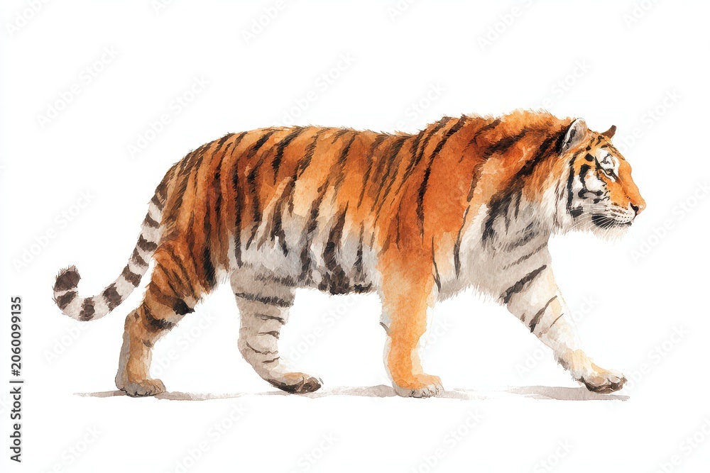 Obraz premium Elegant Tiger in Motion: Side-View Watercolor Illustration on White