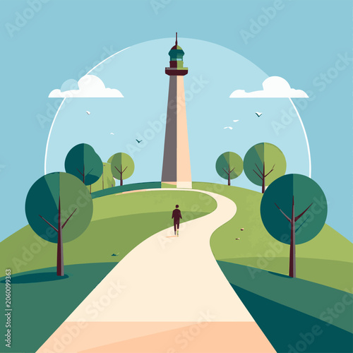 A person walks on a winding path towards a lighthouse on a green hill